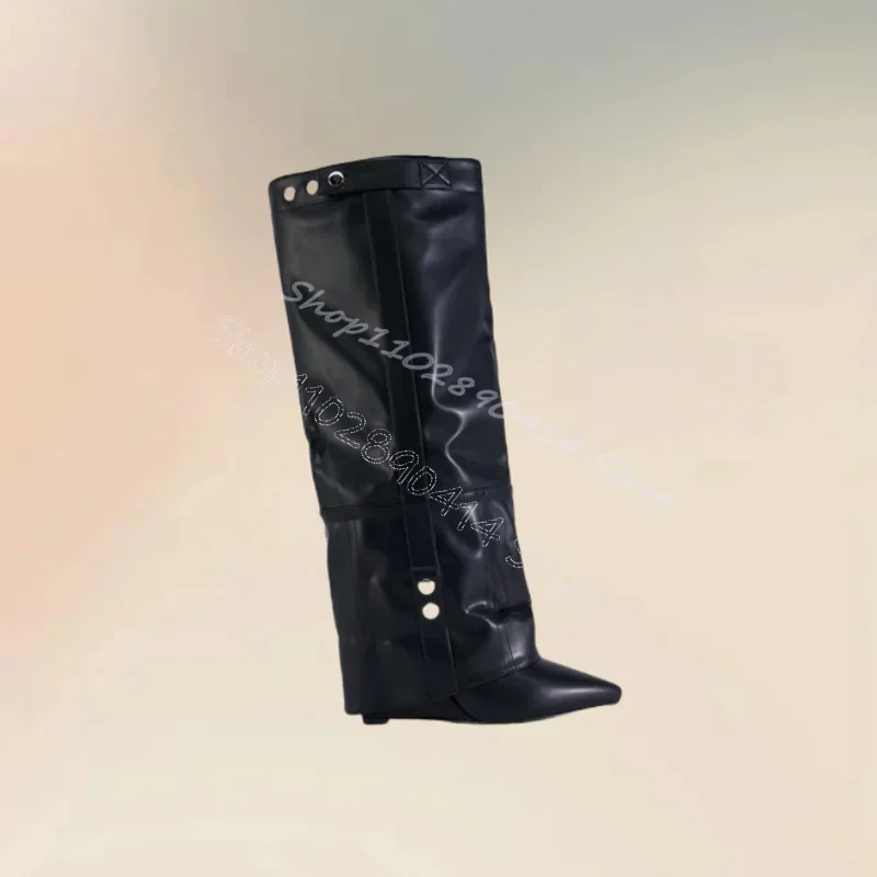 

Metal Decor Black Turned Over Wedges Heel Boots Slip On Women Shoes Pointed Toe Fashion Party Banquet 2025 Zapatos Para Mujere