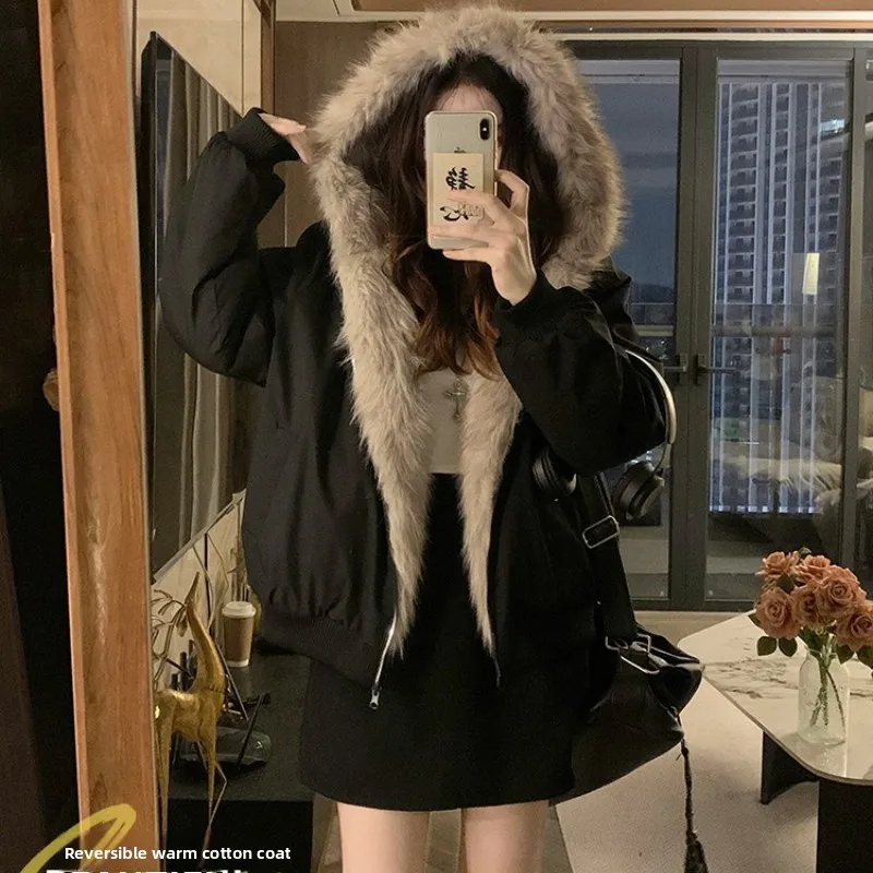 

2025 Winter Thick American Retro Double-sided Fur Coat with Hood New Cotton Coat Thick and Stylish Large Size Cotton Jacket