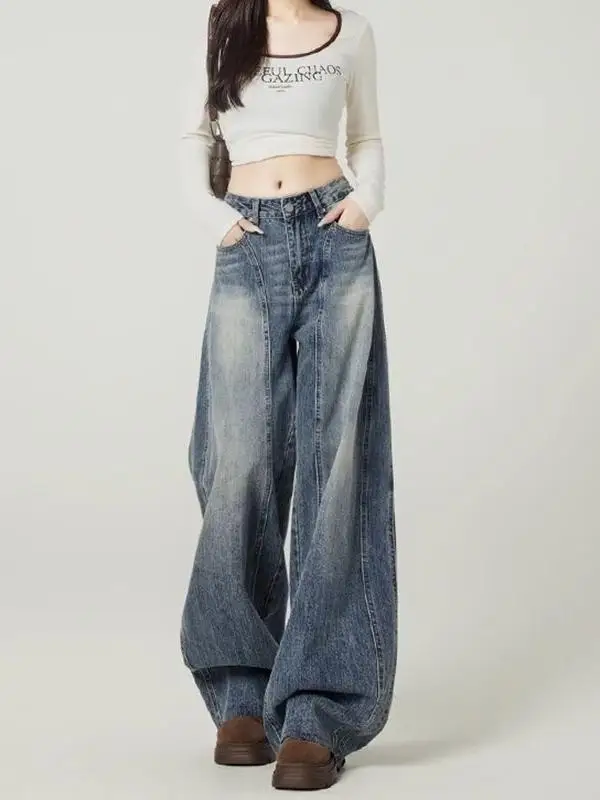 

Синие широкие джинсы в американском стиле ретро с контрастной строчкой, женские узкие простые свободные брюки длиной до пола с высокой талией, осень