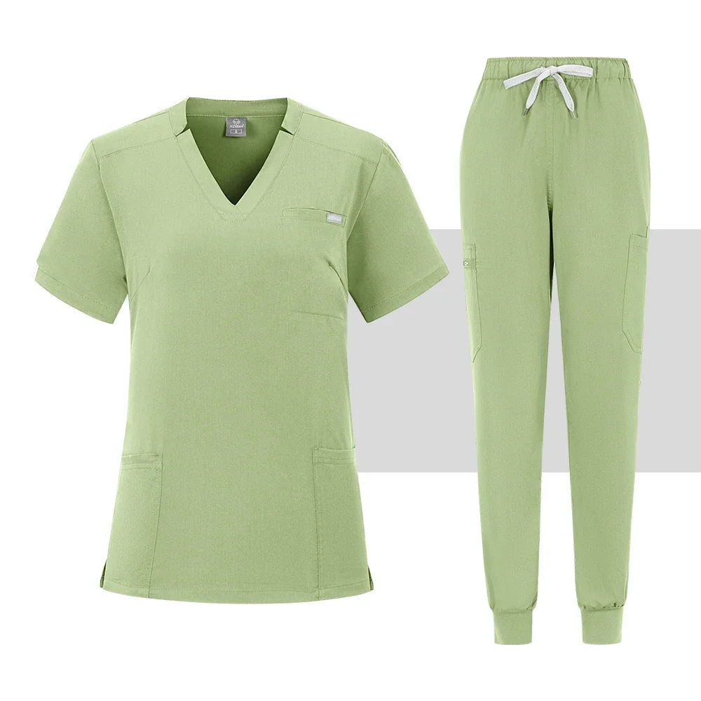 ชุดพยาบาลผ่าตัดสำหรับผู้หญิงชุดเสื้อ + กางเกงแขนสั้นชุดพยาบาลคลินิกทันตกรรมสำหรับร้านเสริมสวย