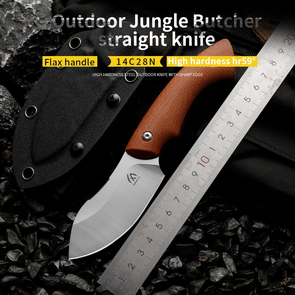 Huangfu Linen Fiber Handle 14C28N High Quality Steel Integrated Cutting Tool Outdoor Wilderness Survival Knife High Hardness Por