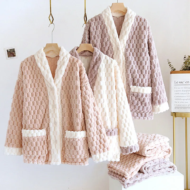 

Thick Warm Flannel Sleepwear Set For Women Winter Cardigan Pant Suit Casual Home Wear Clothes Loose Outside Female Pajamas