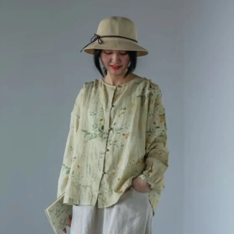 Light Chinese High-End Linen Printed Loose Long-Sleeved Shirt Women's Casual Fashion Crew-Neck Single-Breasted Top Spring Summer