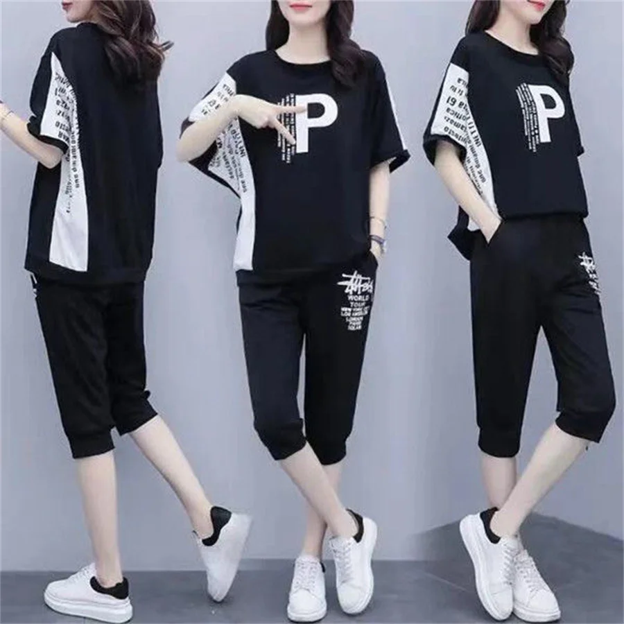 M-6XL Tracksuits Women Print Short Sleeve T-shirts and Pants Suits Casual Fashion Sport Set Elastic Waist Two Piece Sets