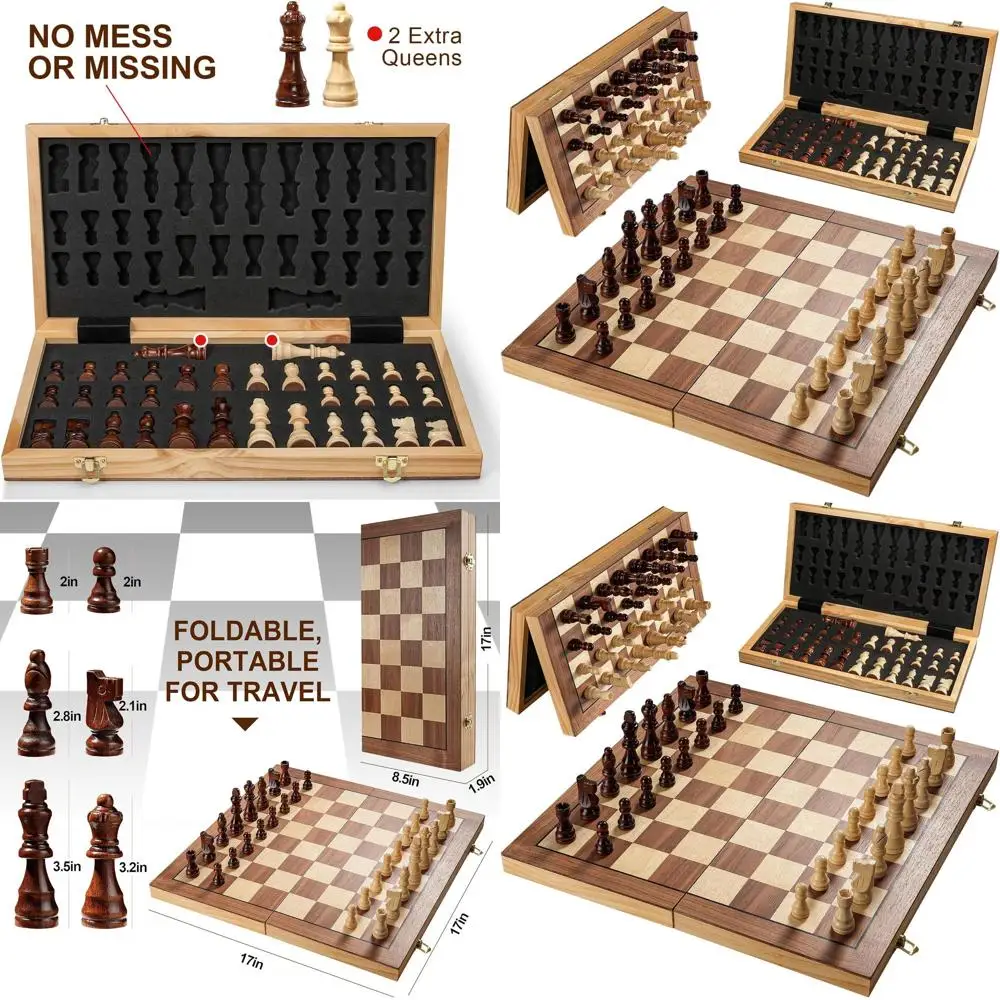 

Portable Magnetic Wooden Chess Set - 17 Foldable Board for Adults and Kids