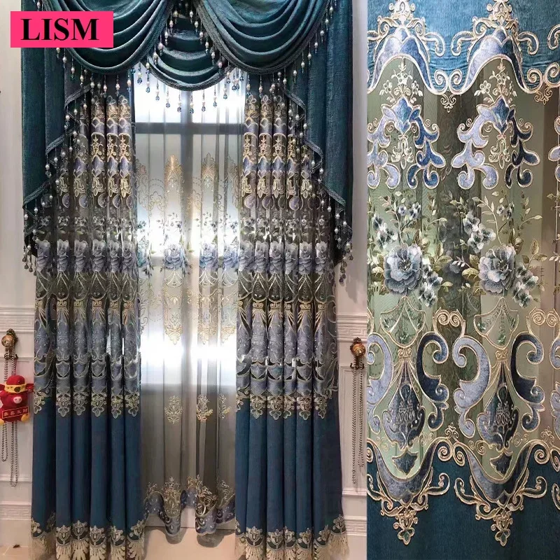 

European Luxury Red Hollow Embroidered Chenille Curtains for Living Room Bedroom Dining Tulle Valance Window Blackout Custom New