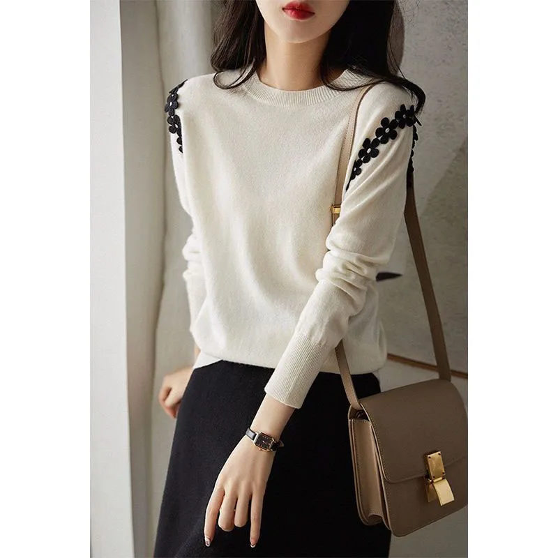 New Autumn/Winter Fashion Trend Design Sense Printed Round Neck Colorblock Loose Versatile Slim Women\'s Long Sleeve Sweater