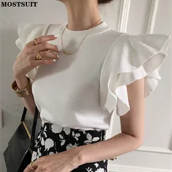 Summer Korean Fashion Slim T Shirt Sweater Women Flying Sleeve Ruffles Tees Top Vintage Elegant Ladies Knitted Woman Pullovers