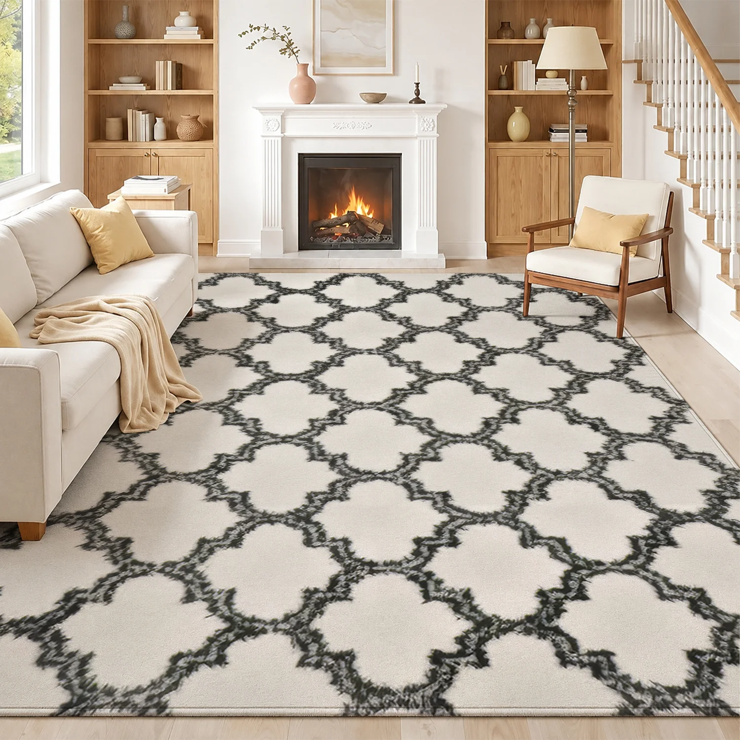 Large Indoor Area Rug, Soft Velvet Low Pile Non-slip Dotted Backing Machine Washable, Moroccan Trellis Pattern in White and Dark Gray, Ideal for Living Room Bedroom Floor Decor