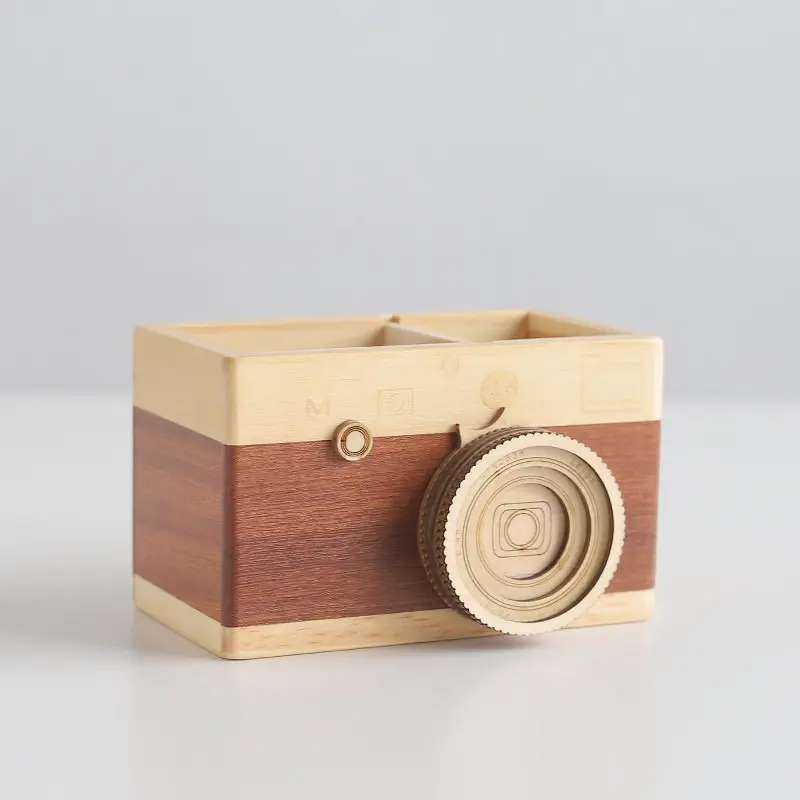 ✨ Camera Wooden Pen Holder Retro Wood Desk Organizer Photography Themed Decoration Prop Unique Gift For Photographer Home Office