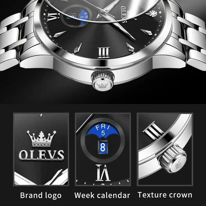 OLEVS 3646 ساعة رجالية موضة ساعة كوارتز أصلية تقويم مزدوج مقاوم للماء ساعة مضيئة الطلب الكبير العلامة التجارية الفاخرة ساعة رجالية
