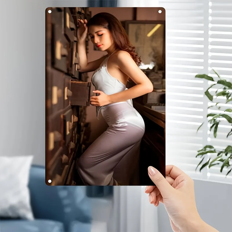 Vintage Metal Wall Art Sign - Elegant Retro Woman in White Black & White Photo