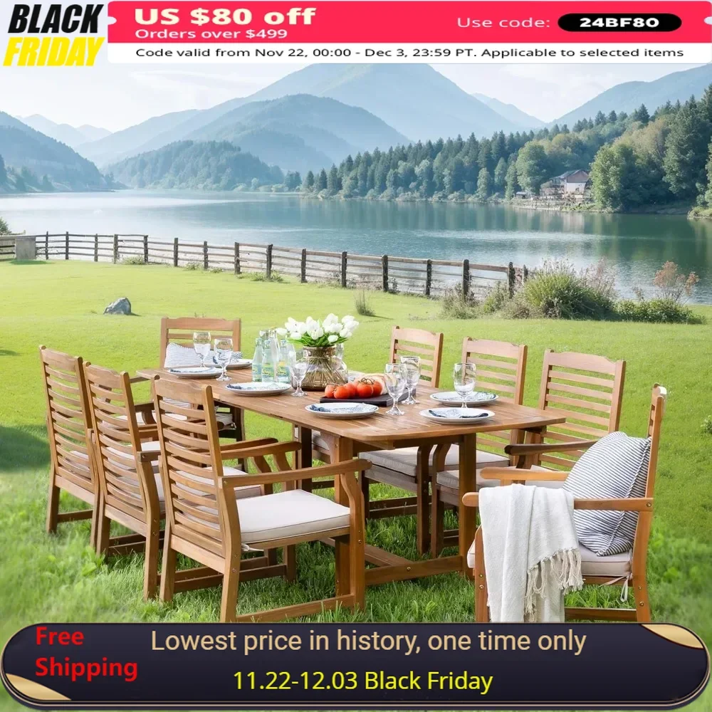 

Patio Outdoor Table and Chairs Set, Acacia Wood Table Expandable with Hole and Chairs,9 Pieces Patio Table Sets