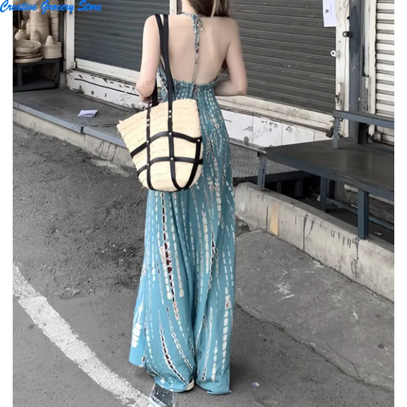 Vestido largo elegante con halter para mujer, sin mangas, espalda descubierta, estampado playero, diseño bohemio, casual para fiesta, playa y vacaciones 2026 5