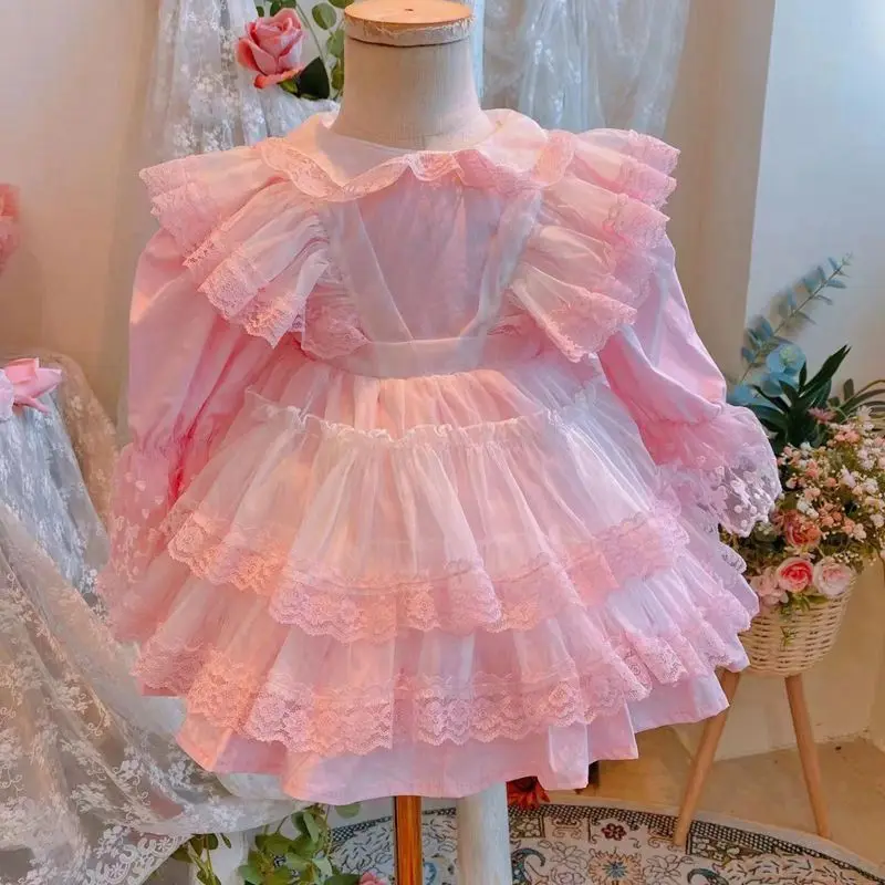 Baby girl clothes Spanish retro lolita princess dress lace Stitching print dress for girl Summer Toddler Floral Sweet Dress 2023