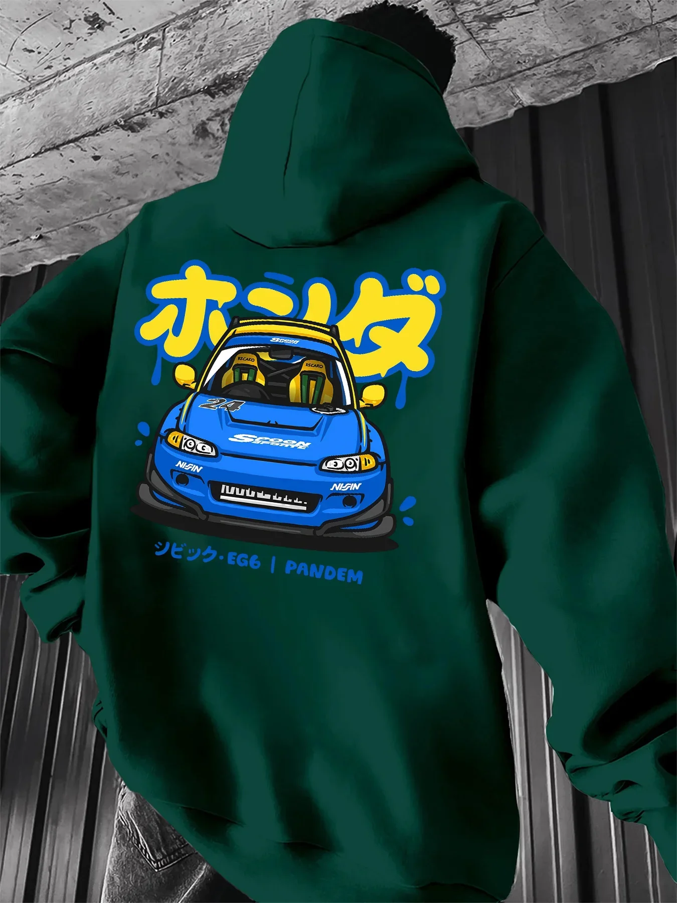 Vintage JDM Drift Race Car Japanese Graffiti Text Back Print Hoodie Unisex Long Sleeve Pullover Car Culture Street Fashion