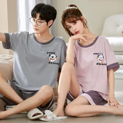 Conjunto de pijama de algodón de manga corta para hombre y mujer, ropa de dormir de cuello redondo con diseño de oso dulce, para verano