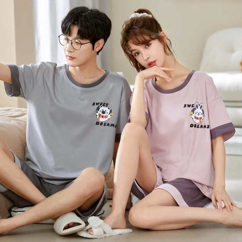 Summer Cotton Short Sleeve Men Pajamas Set Couple Sweet Bear Women Pyjamas Suit Lover Round Neck Nightwear men pyjama set