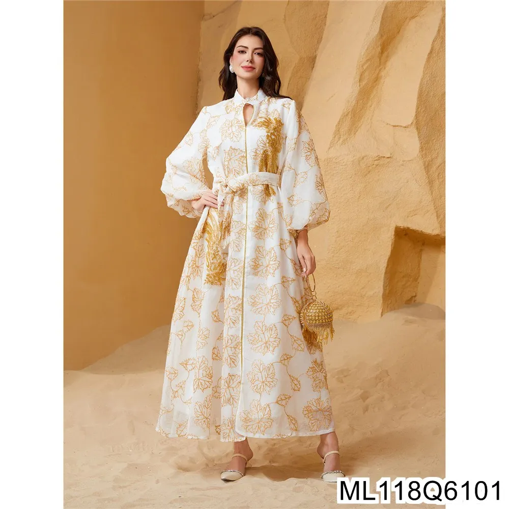 

2025 Middle Eastern Muslim Ethnic Women's Sequin and Floral Evening Dress with Puffed Sleeves ML118Q61