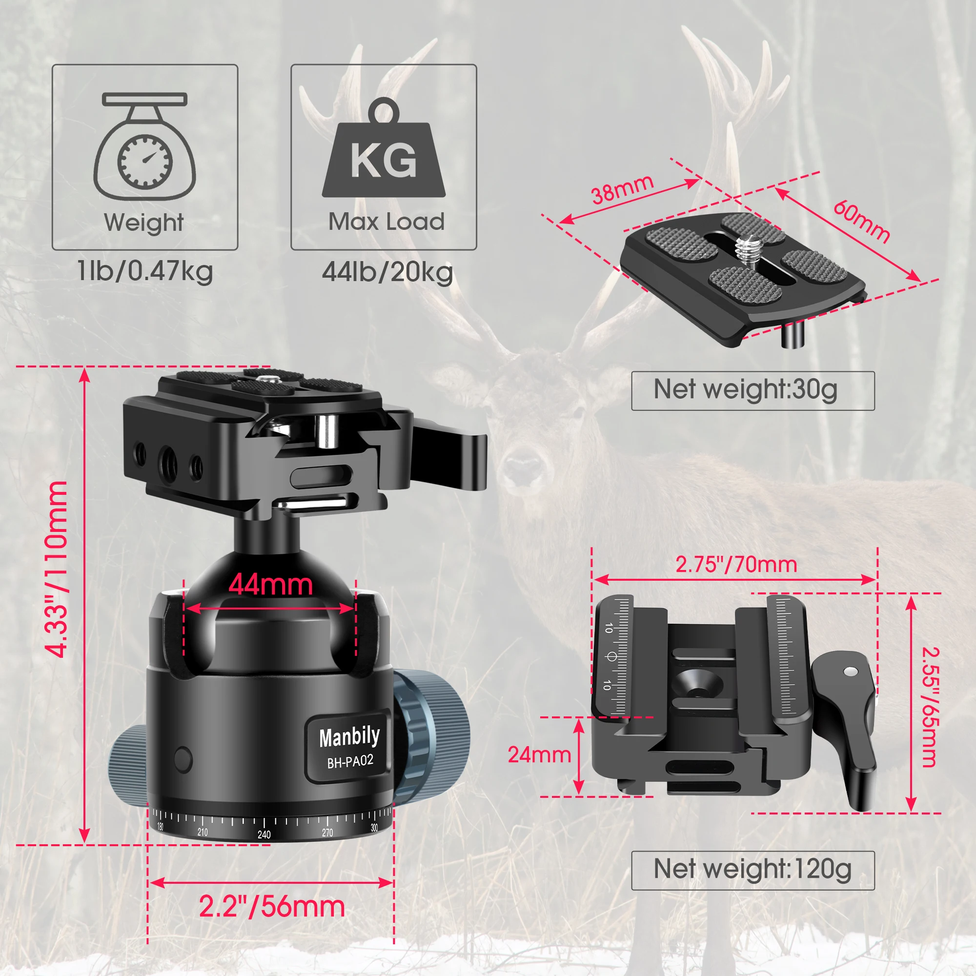 Głowice statywowe Manbily 44mm o niskim profilu z mocowaniem Arca Swiss BH-PA02 CNC, wytrzymała głowica kulowa do statywów fotograficznych/łowieckich, maksymalne obciążenie 20KG — zdjęcie produktu 5