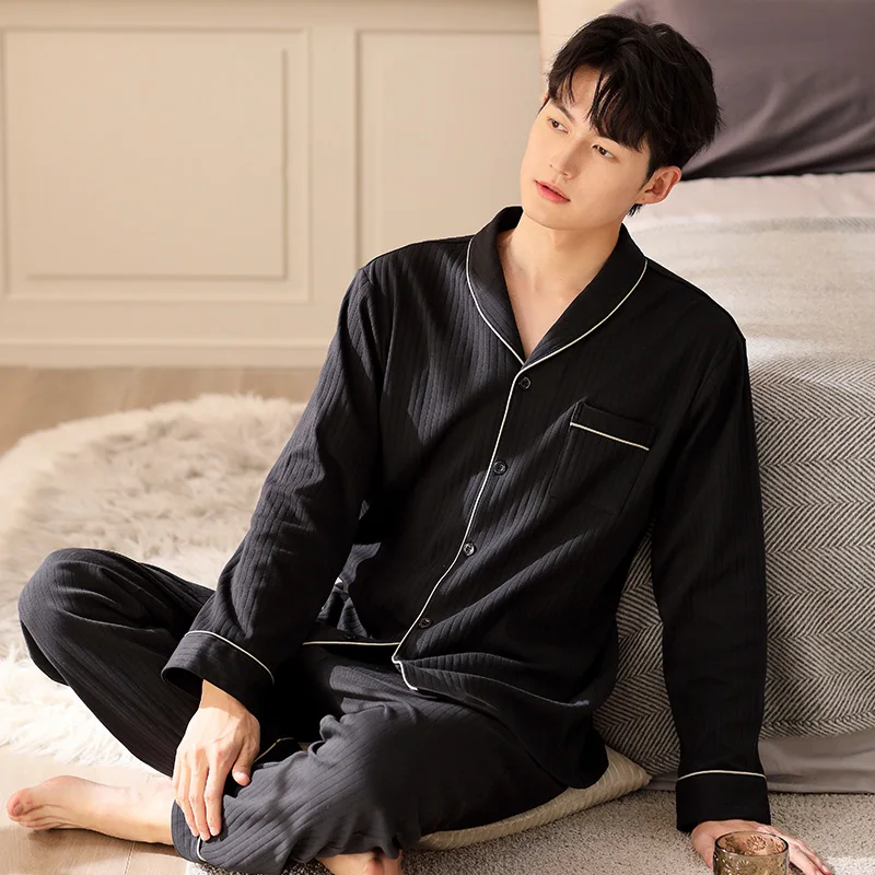 Autumn Pajamas Set Male Cotton Sleepwear Home Clothing Long Sleeves Spring Cardigan Tops + Long Pants Leisure Pyjamas Suit