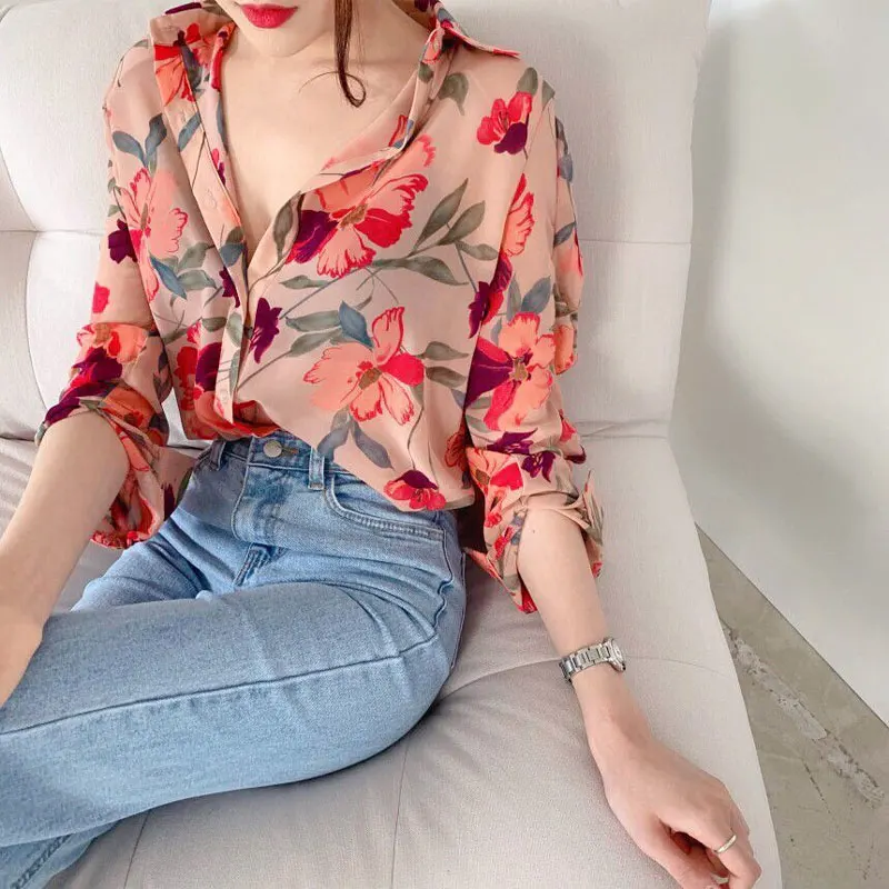 Vintage Fashion Floral Printed Blouse Spring Autumn New Long Sleeve Straight Women\'s Clothing Casual Single-breasted Lapel Shirt