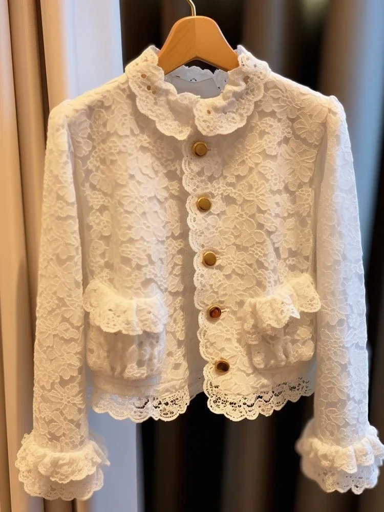 2024 Ropa Mujer Lace Temperament Women Y2K Coat O-neck Long Sleeve Pocket  Tops Office Lady Vintage Chic Solid Color Jackets