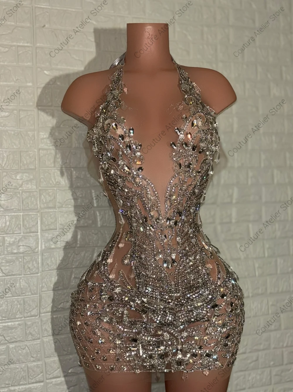 Silver Prom Dresses 2026 Black Girls Halter Beaded Rhinestones Mini Cocktail Dress African Birthday Party Gowns Customized view 2