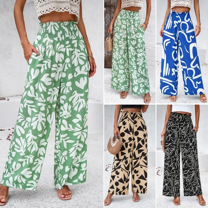 

Women's Floral High Waist Wide Leg Pants Bohemian Summer Beach Palazzo Pants Trendy Long Trousers with Pockets