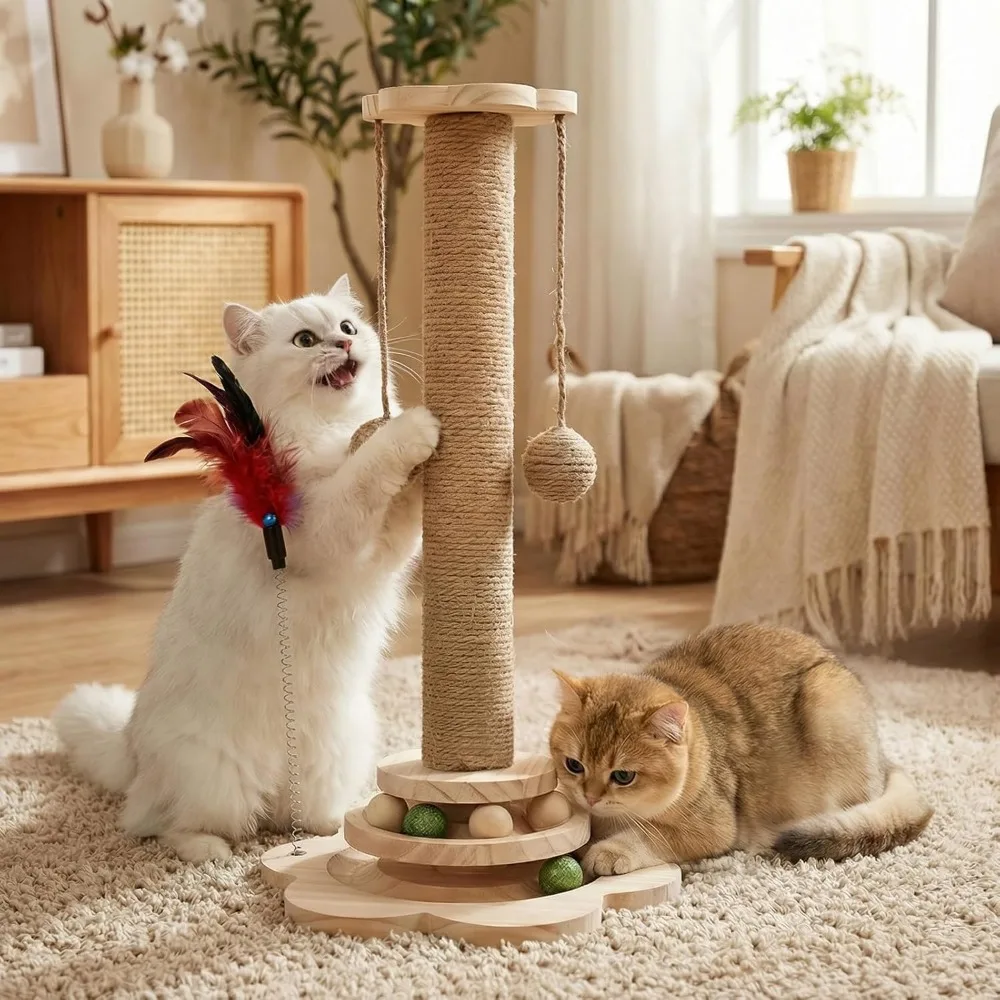 Interactive Cat Scratching Post, 2 Tier Ball Track & Teaser Stick – Sisal Scratcher for Indoor Cats, with Catnip to Protect Sofa