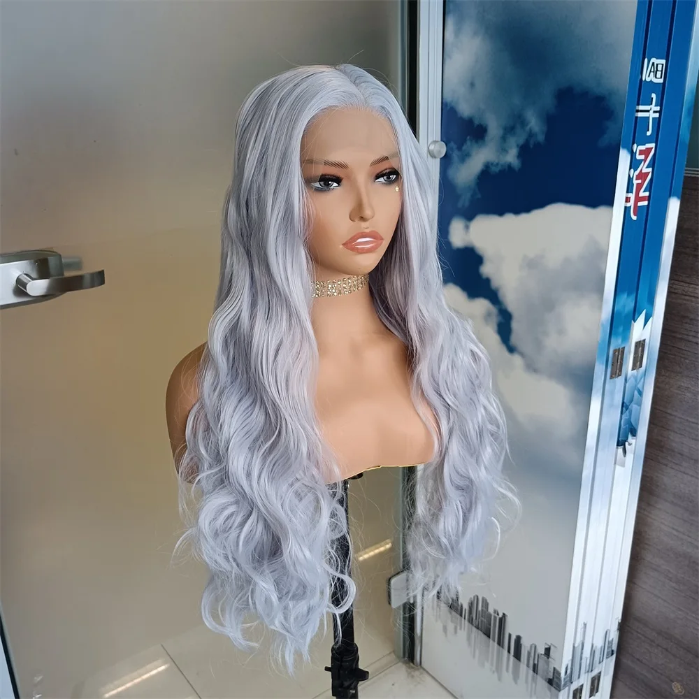 FANXITION Gray Long Body Wave Synthetic Wigs Silver Grey Lace Front Hair Wig for Women Middle Part Heat Fiber Hair Cosplay Wig