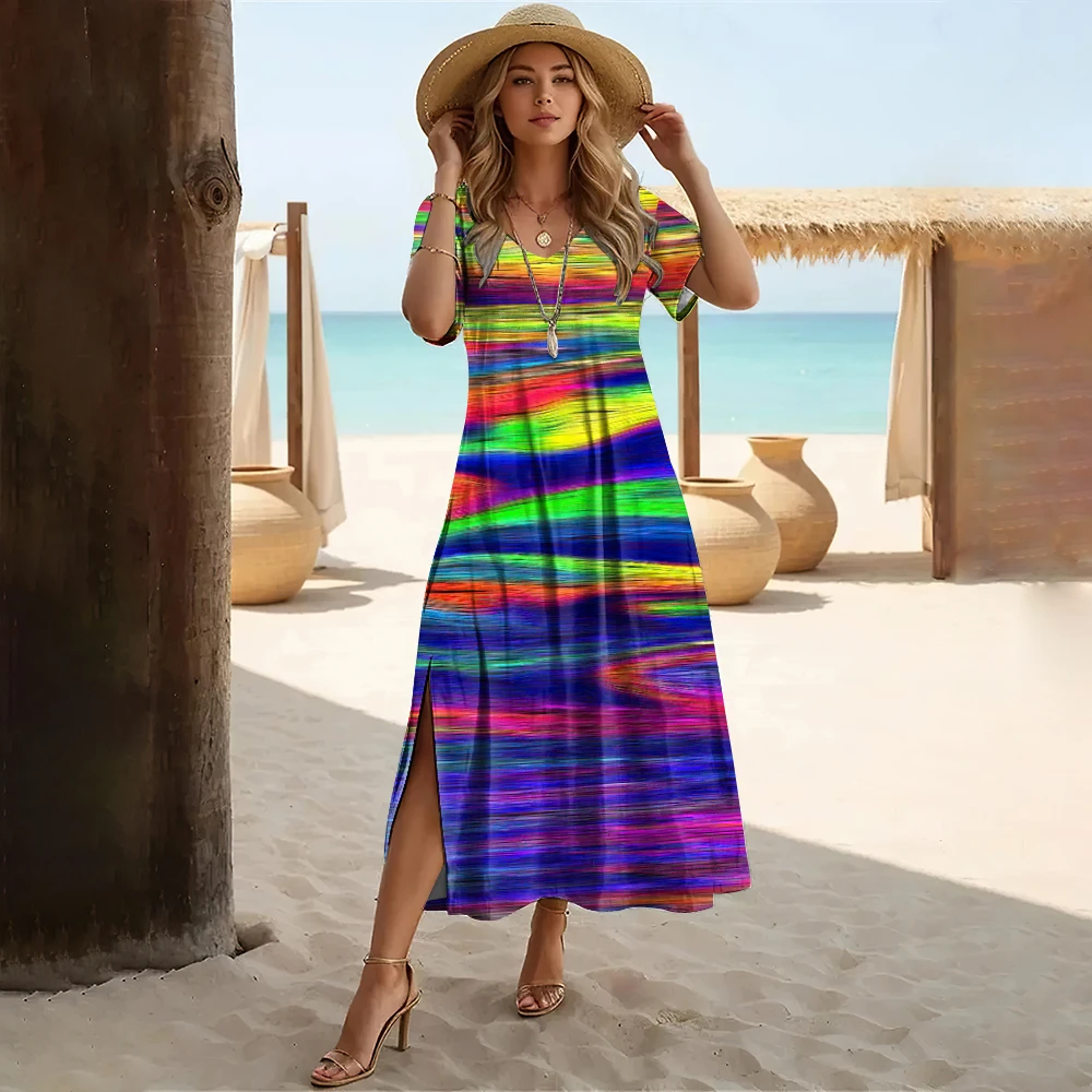 Summer New Colorful Rainbow Colors Print Dresses For Women's Plus Size Midi Dresses Holiday Dresses Female Women's Clothing 2024