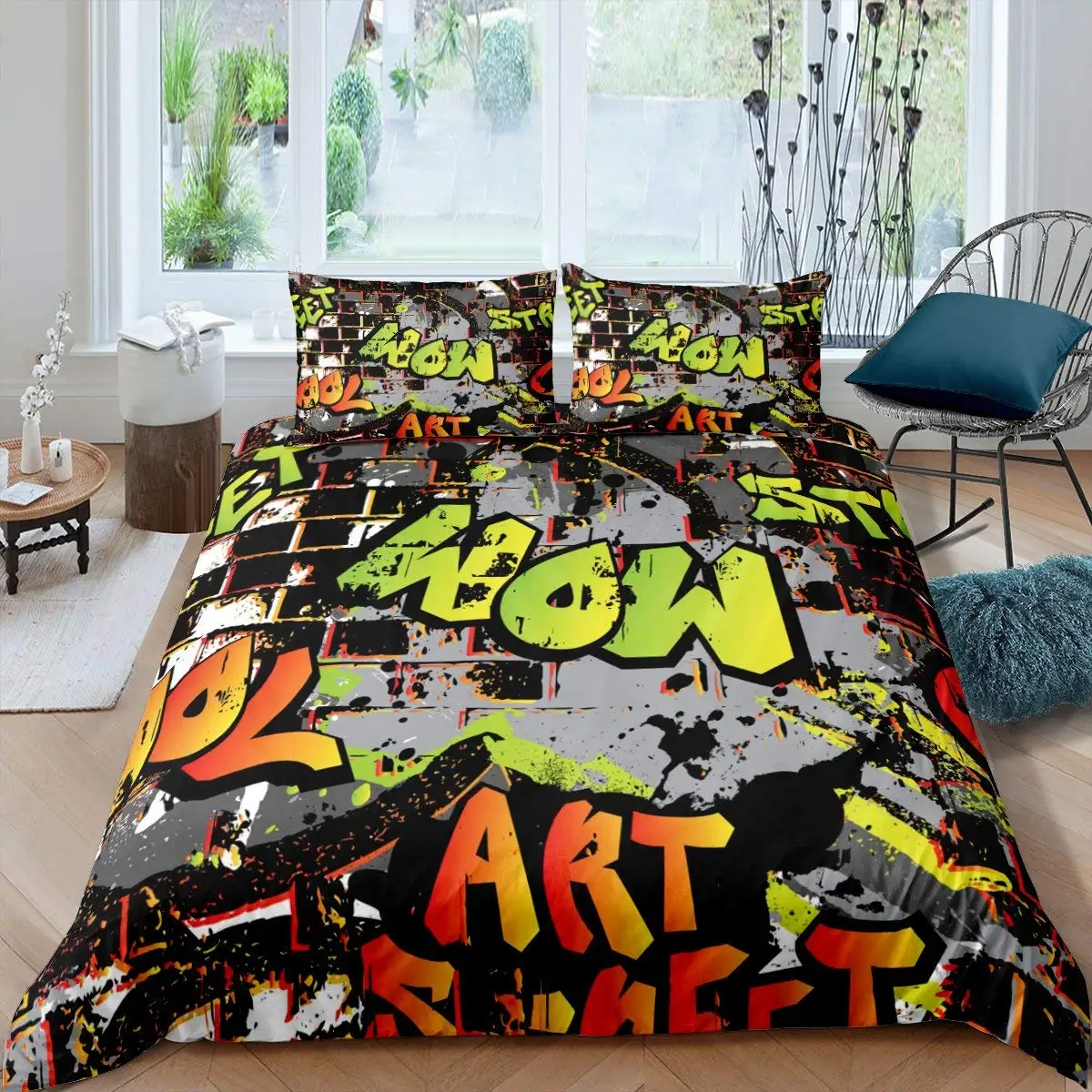 Hippie Graffiti King Queen Duvet Cover  Hip Hop Bedding Set for Kids Teens Adults Wall Urban Street Art Polyester Quilt Cover