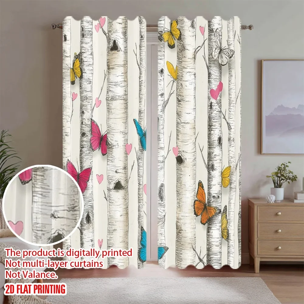 2PCS Digital Printed Curtains, Butterflies on Tree Trunk Nature Insect, Window Curtains for Living Room Bedroom Home Decoration