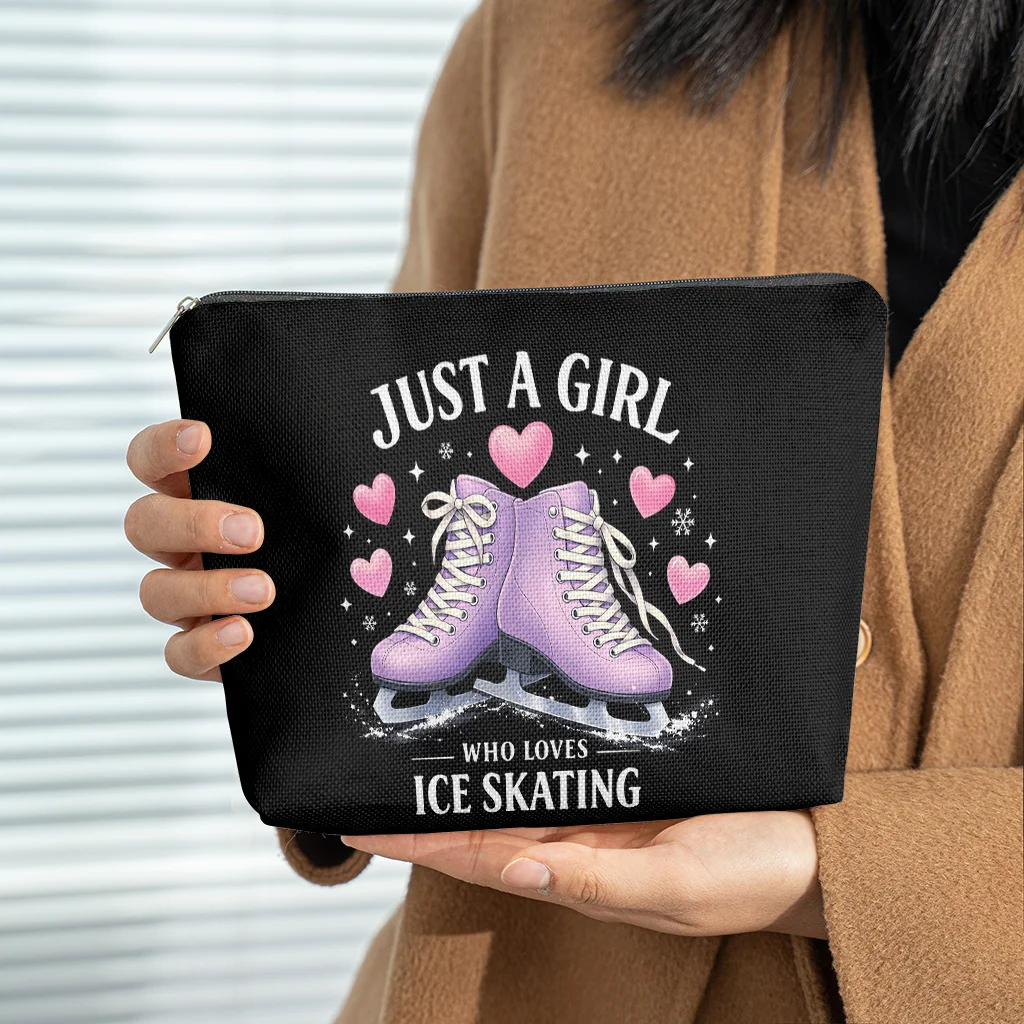 Cosmetic Bag  Girl Loves Ice Skating Linen Makeup Bag Lightweight Cosmetic Pouch With Zipper For Women Multifunctional Toi