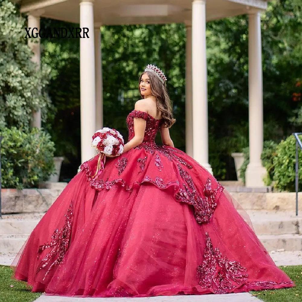 New Burgundy XV Quinceanera Dress Red Vestido De 15 Años Quinceañeras Sparkly Sweetheart Lace Applique Sweet 16 Dress Princess