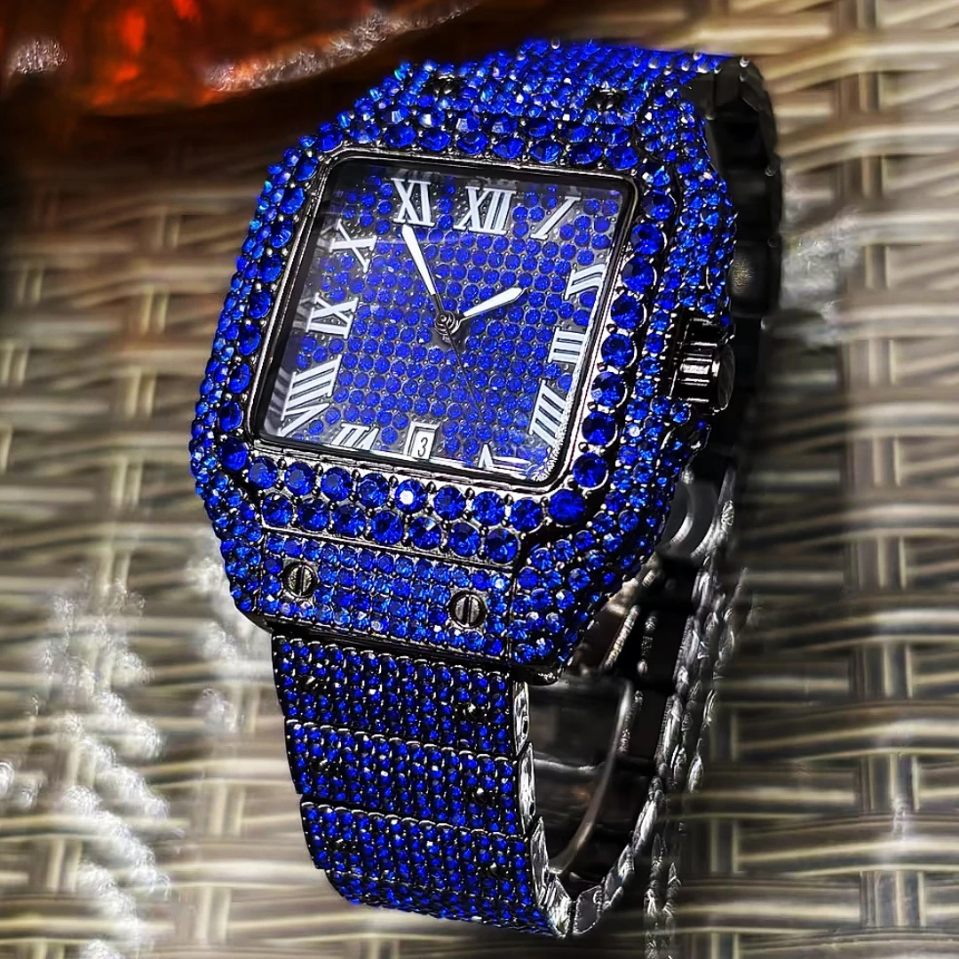 

Santos Tank Series High-End Hip-Hop Watch Starry Square Dial Men's Watch Fashion Casual Simple Personality Street Trend Men's Watch Rhinestone Luxury Advanced Calendar Waterproof