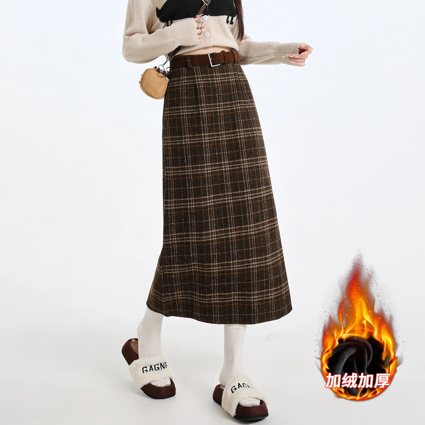 Women's Vintage Plaid Gray Fleece Tweed Midi Skirt High Waist Back Slit Straight A-line Skirt Winter Office Commute New Outfits