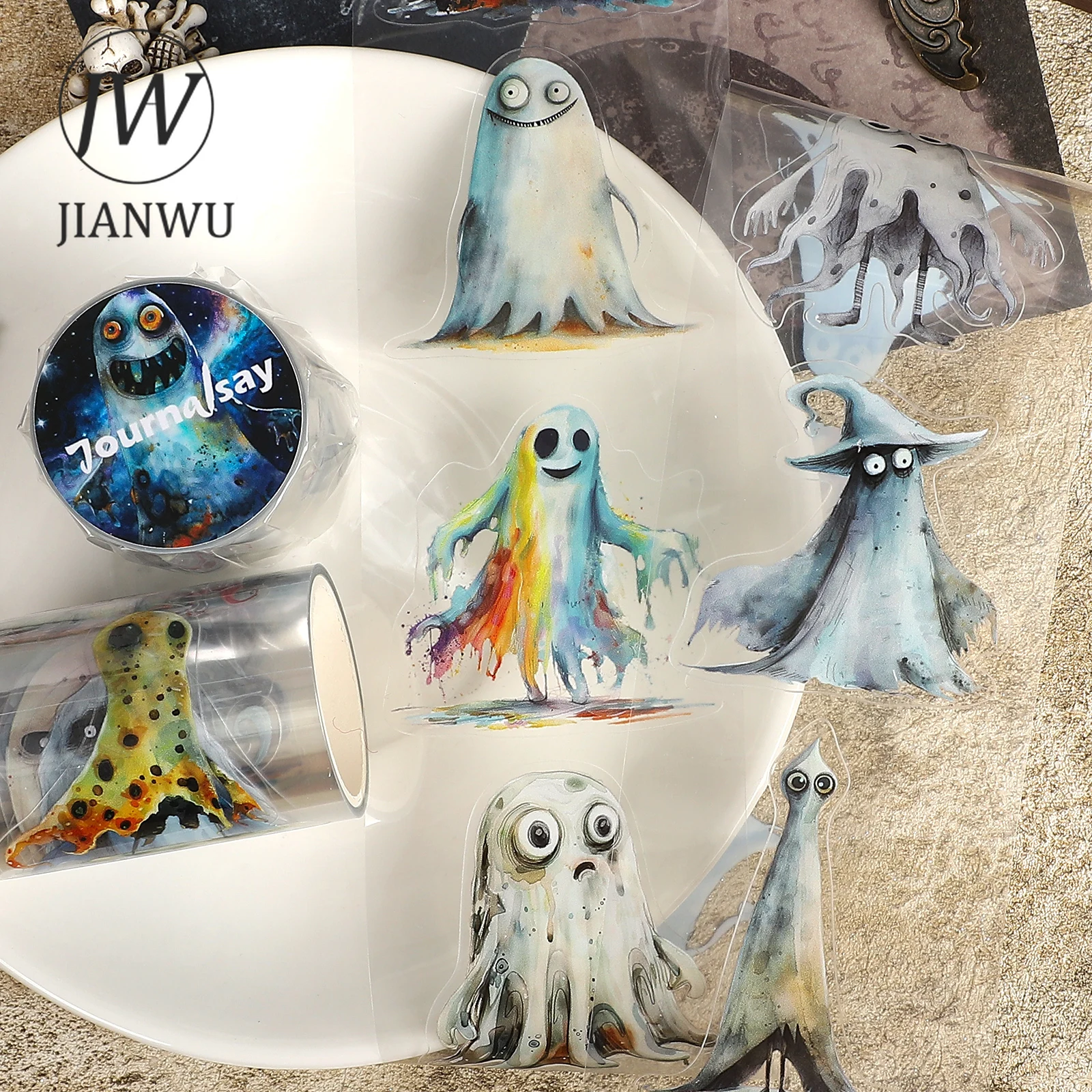 JIANWU 60mm*200cm Pita PET Vintage Karakter Hantu Unik untuk Kolase Bahan Lanskap Scrapbook Kreatif DIY Alat Tulis Jurnal