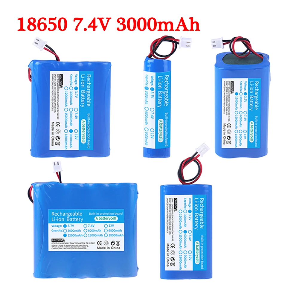 3000mAh 6000mAh 9000mAh 12000mAh 3.7V 18650 Li-ion Battery + XH2.54 2P Plug for Bluetooth Speaker Small Player Solar Headlights