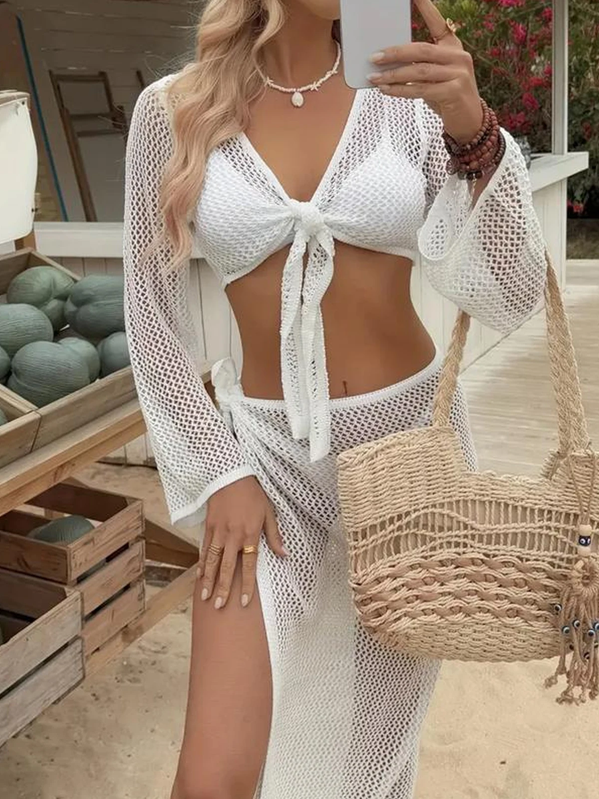 レディースカジュアルニット透かし編みカバーアップセット、長袖ショートトップ＆ワンピーススカート、オールシーズンフィットスタイル