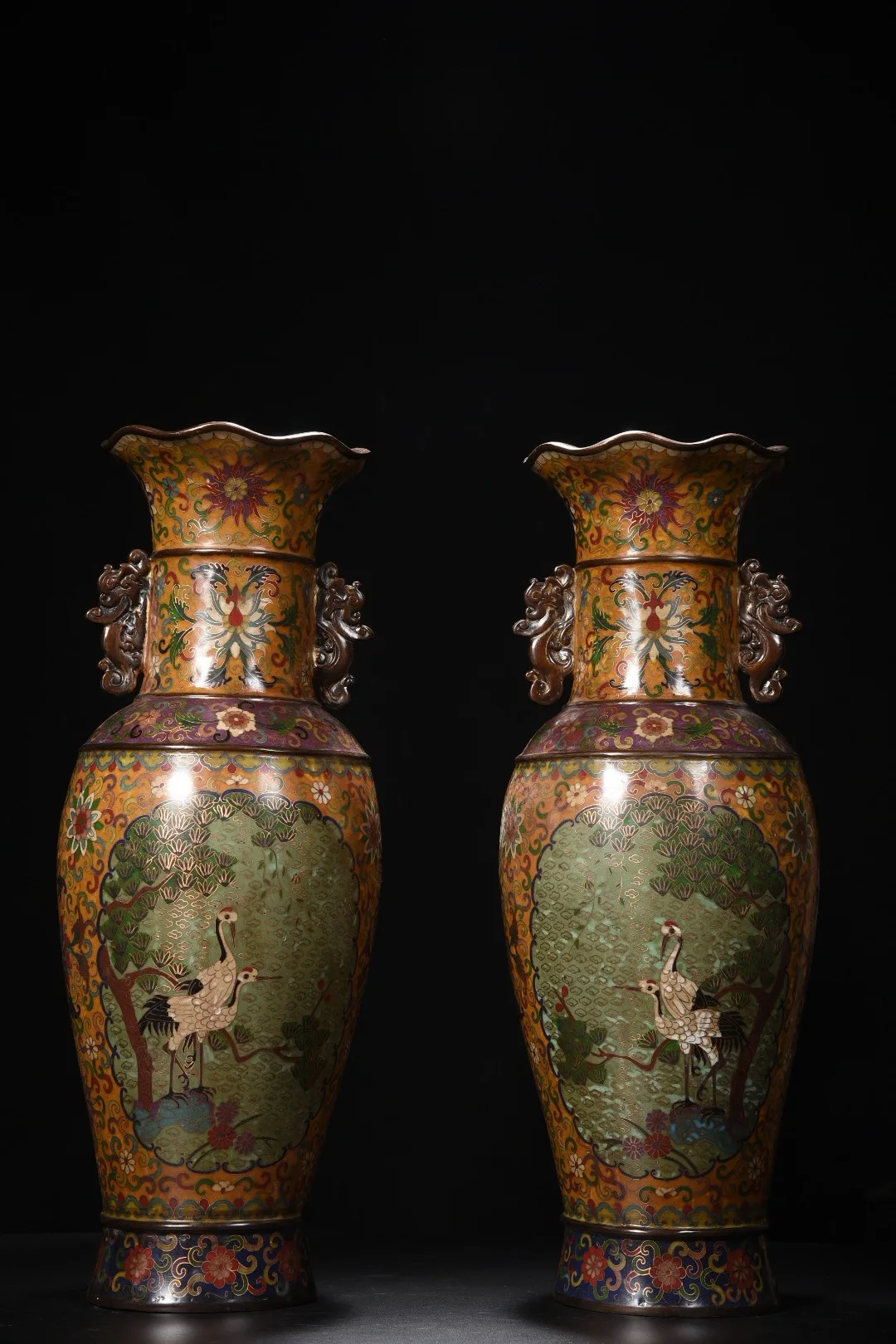 

22"Tibetan Temple Collection Old Bronze Cloisonne Pine Crane Patterned Ase Dragon Ear Bottle Amass wealth Ornaments