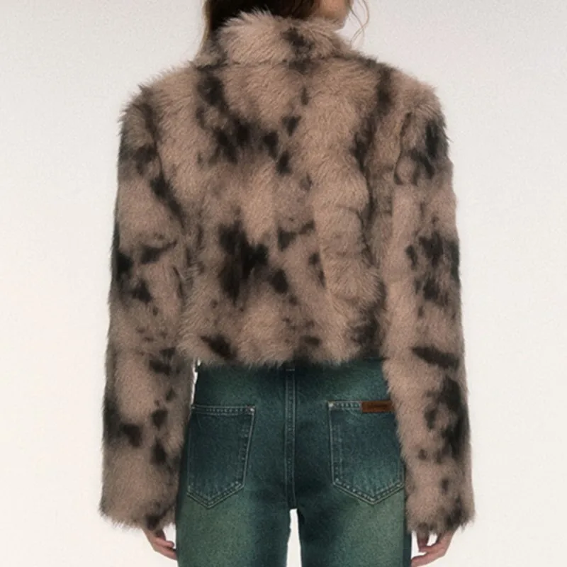 Winter dik bont pluizig chic luipaard jassen tops bovenkleding 2025, nieuwe hoorn schakelknop namaakbont turn-down revers jassen