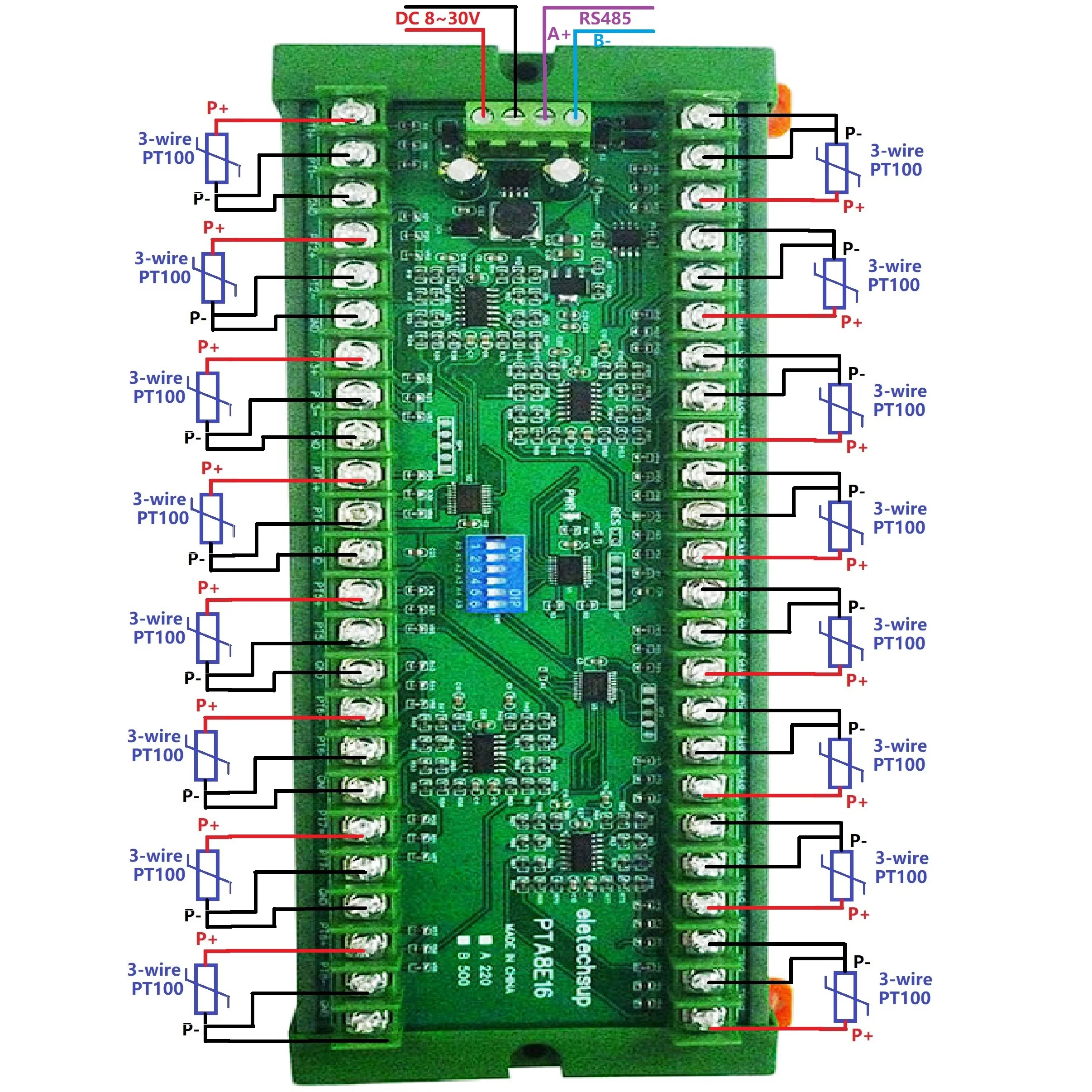 16CH DC 12V 24V Temperature Analog PT100 Resistance RS485 Collector Modbus RTU -40-500 High Temperature Acquisition Board