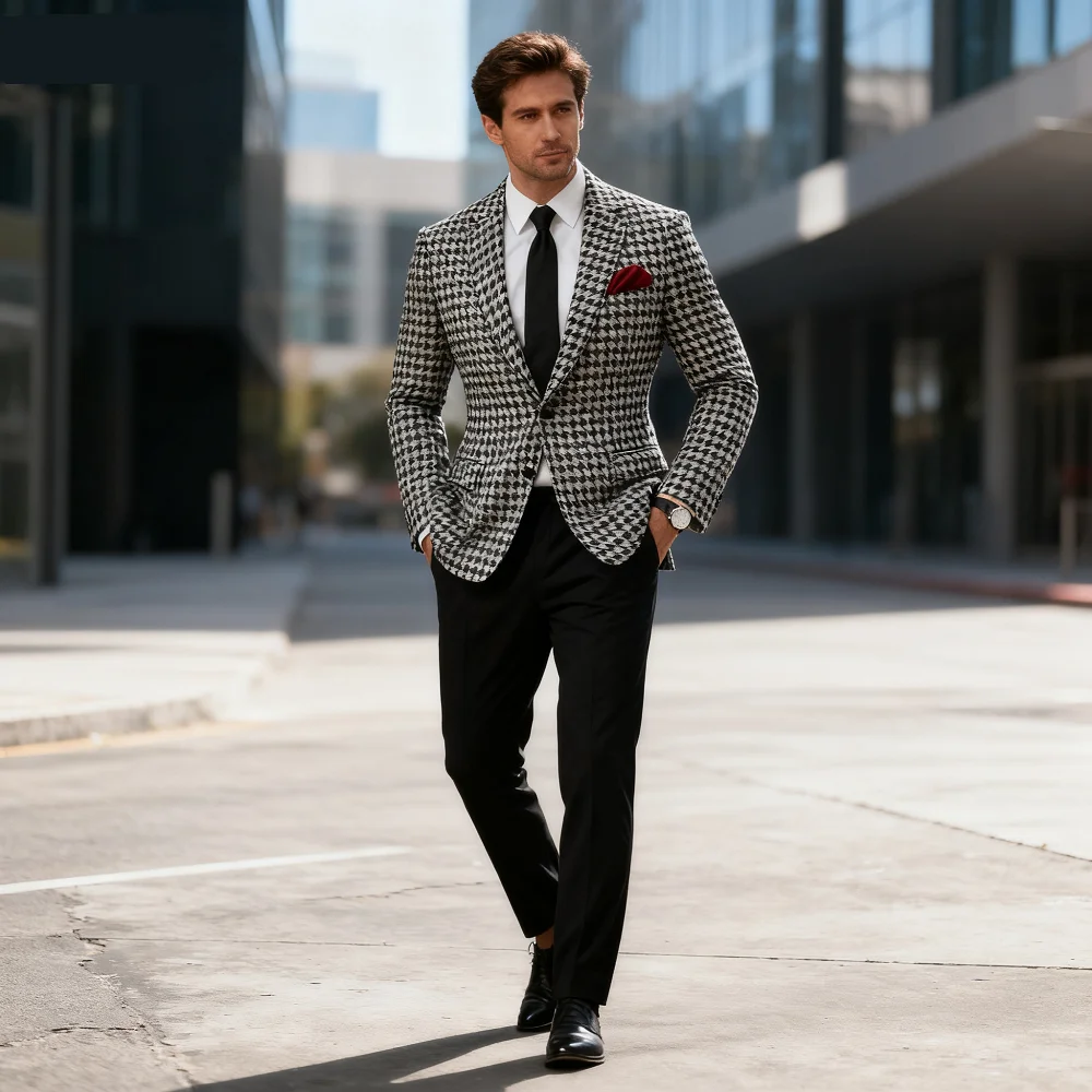 

Men's Tuxedo Jacket Smoking Black And White Checkered Blazer American Style Notch Lapel Wedding Suit 1 Piece Fashion Terno