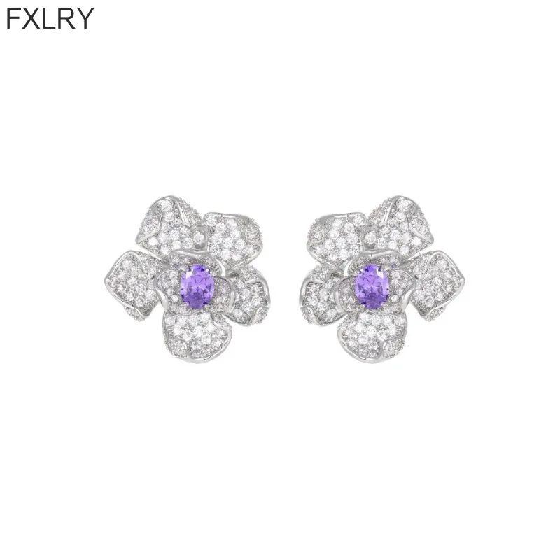 FXLRY European and American Temperament Camellia Stereo S925 Silver Needle Full of Zirconium High-end Earrings For Women