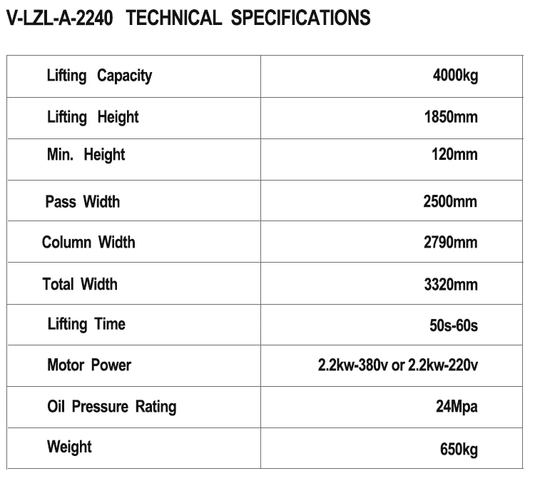 Automotive hydraulic jack Car 2 post hoist Vehicle floor clear elevator V-LZL-A-2240 for Auto shop Two column lift