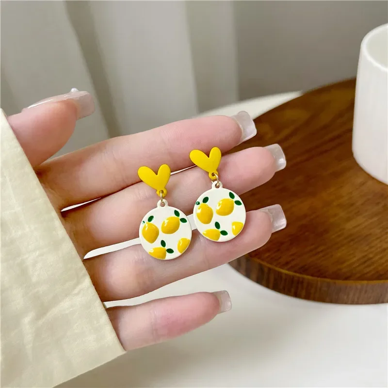 New Peach Heart Love Sweet Girl Earrings Summer Yellow Lemon Earrings Design Accessories for Women Fashion Party Jewelry