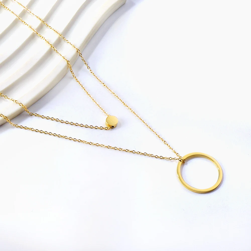 LUXUSTEEL سلسلة مزدوجة الطبقات كبيرة مجوفة دائرة مستديرة عملة قلادة قلادة للنساء مطلية بالذهب الفولاذ المقاوم للصدأ الكورية