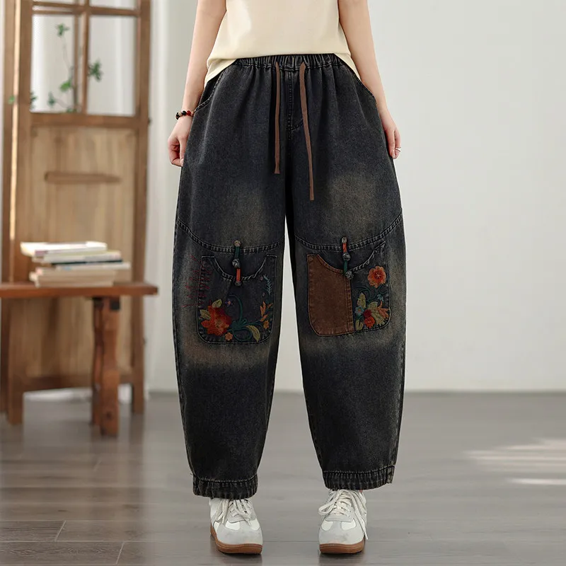 Spring Vintage Heavy Embroidered Ethnic Elastic Waist All Match Loose Casual Jeans for Women Comfortable Streetwear Denim Pants